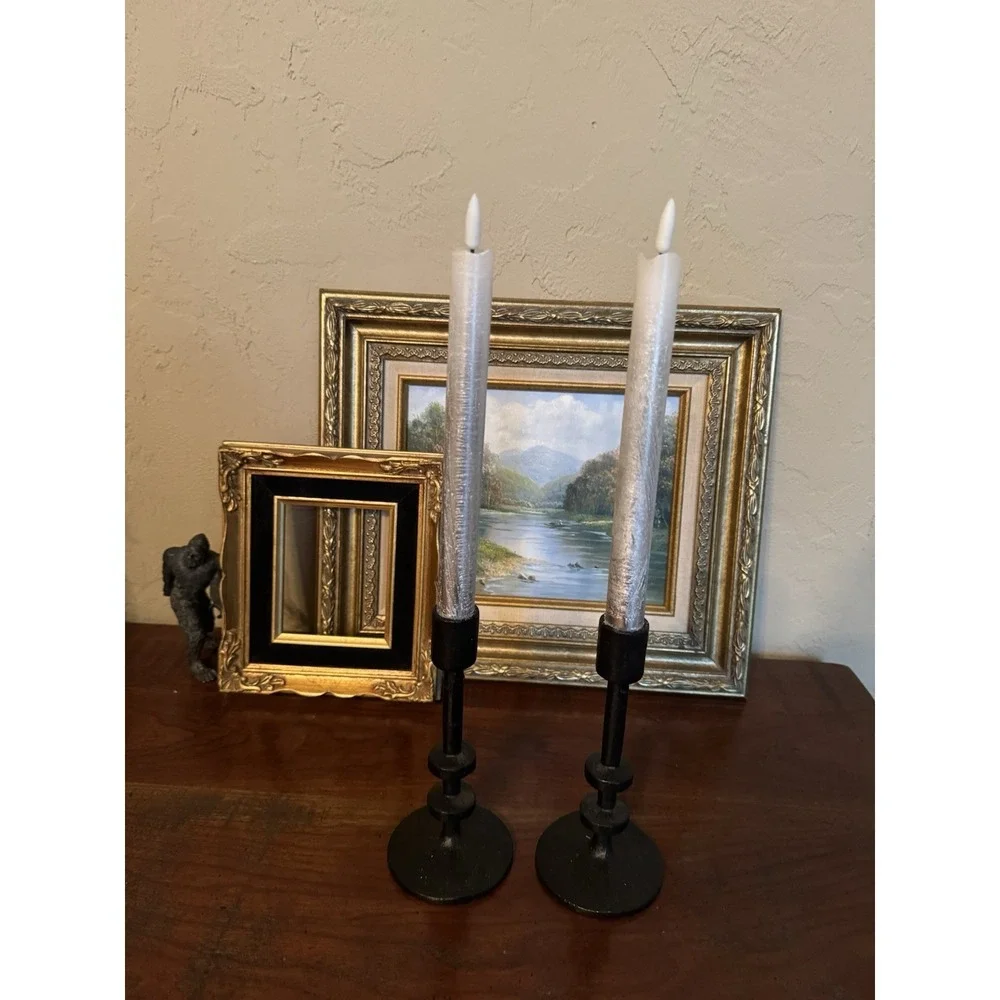Pair Black Cast‎ Iron Taper Candle Holders Brutalist Style Modernist 7